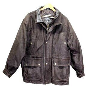 VTG 90s DKS Paris Leather Coat 10-Pockets Zip/Snap Quilted Liner Men XL WARM #y